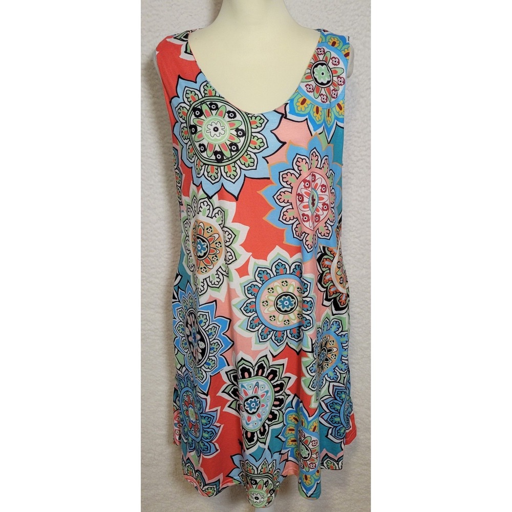 NWOT Leo Rosi Sleeveless Dress 2XL XXL Multicolor Geometric Tunic Pockets 1045‎